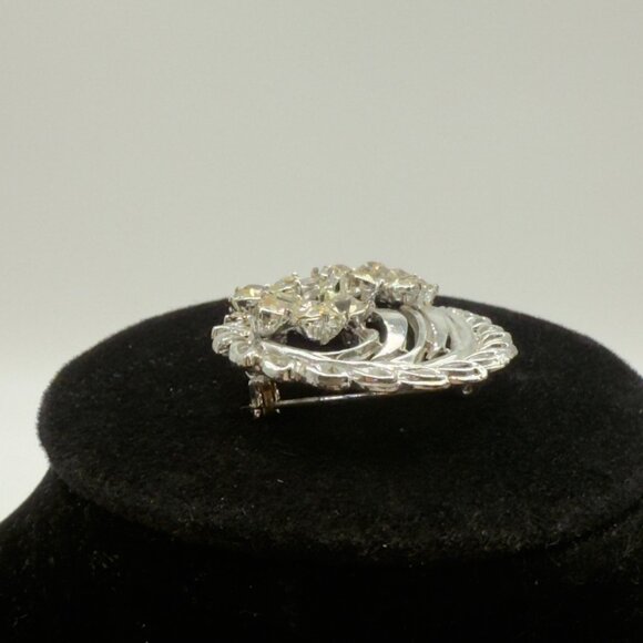 Vintage Silver-Tone Rhinestone Brooch Floral Leaf Swirl Design - Picture 3 of 7